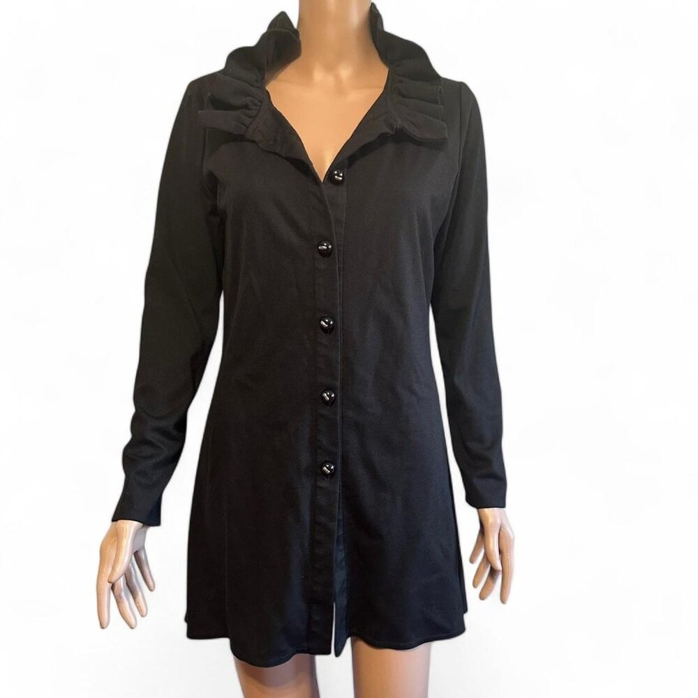 Sara Campbell vintage black ruffle button down jacket duster dress Size M